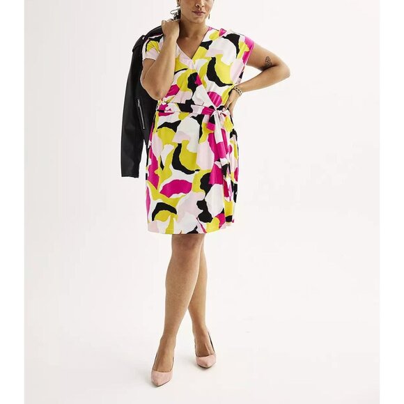 Nine West Dolman Sleeve Vibrant‎ Wrap Dress with Tie Size 2X 18 20 Stretch Plus - Picture 2 of 5